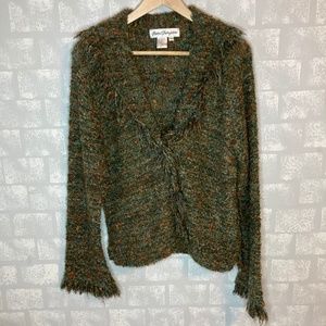 Vintage Boho Wool Green Orange Weaved Fringe Cardigan Sweater Relaxed Fit Large